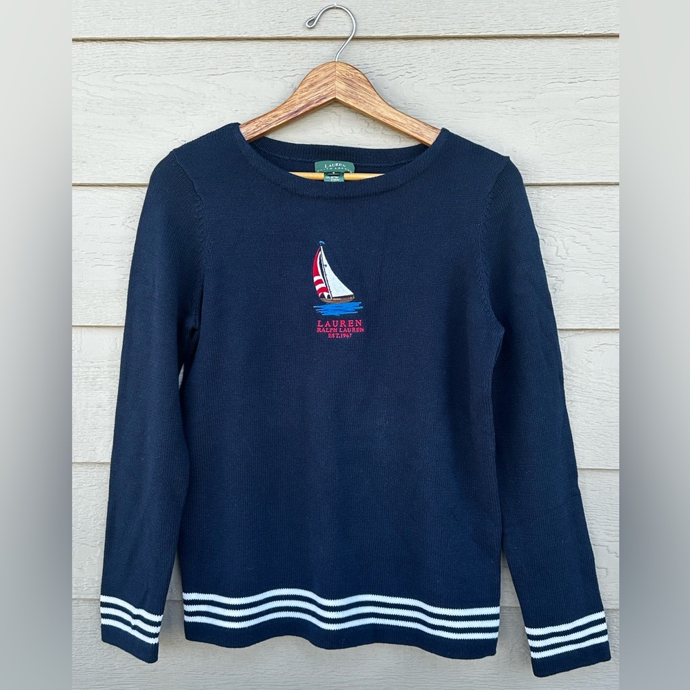 NWT Lauren Ralph Lauren Nautical Sailboat Sweater Small Navy Cotton Striped Hem